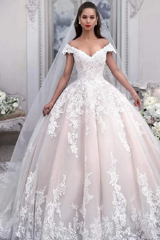 women's sustainable dressesLight Pink Off the Shoulder Ball Gown Tulle Wedding Dresses with Appliques