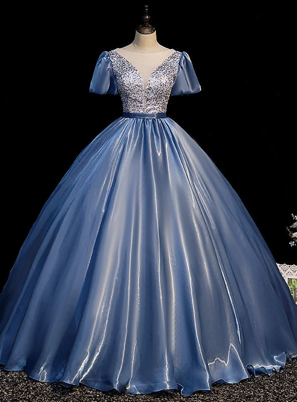 Evening DressBlue Organza Sequins Puff Sleeve Quinceanera Dress