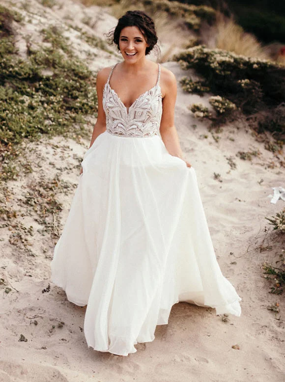 women's everyday dressesClassic Spaghetti Beaded Chiffon Ivory Country Wedding Gown OW358