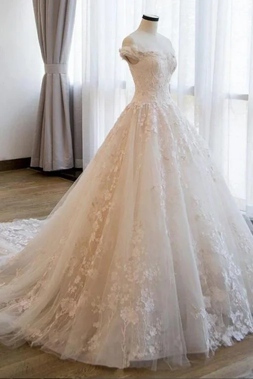 women's prom dressesBall Gown Off the Shoulder Lace Appliqued Wedding Dresses Ivory Bridal Dresses N2586