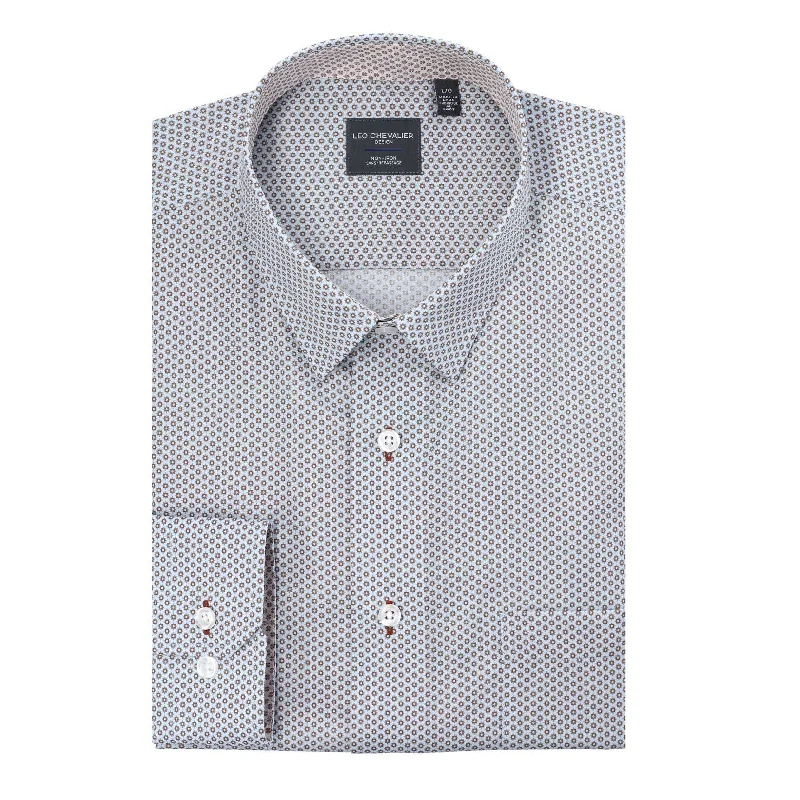Men's Travel Shirts for Easy PackingWhite, Blue, and Rust Print No-Iron Cotton Sport Shirt with Hidden Button Down Collar by Leo Chevalier Men's Travel Shirts for Easy PackingWhite, Blue, and Rust Print No-Iron Cotton Sport Shirt with Hidden Button Down Collar by Leo Chevalier