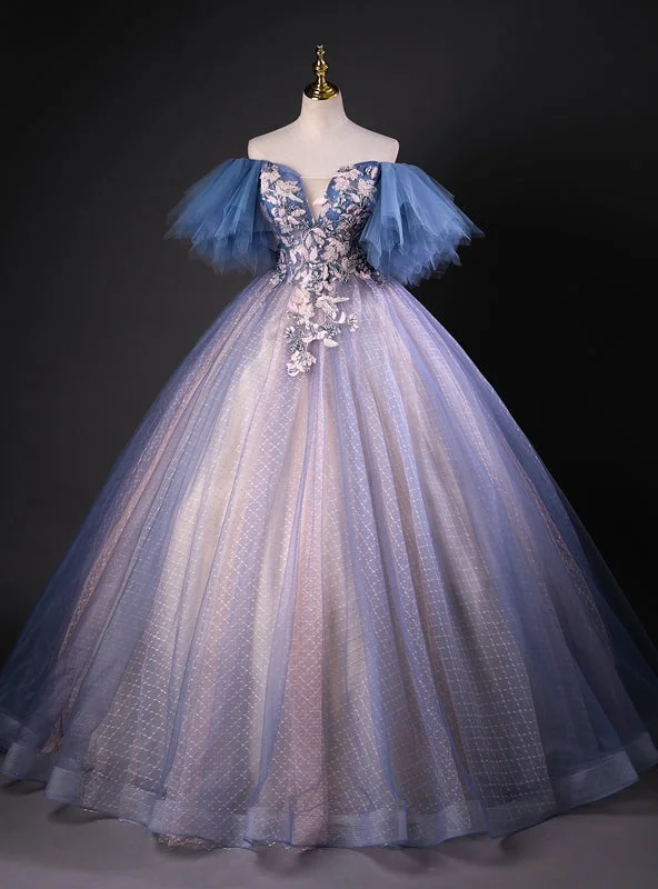 Pastel DressBlue Tulle Ball Gown Off the Shoulder Quinceanera Dress