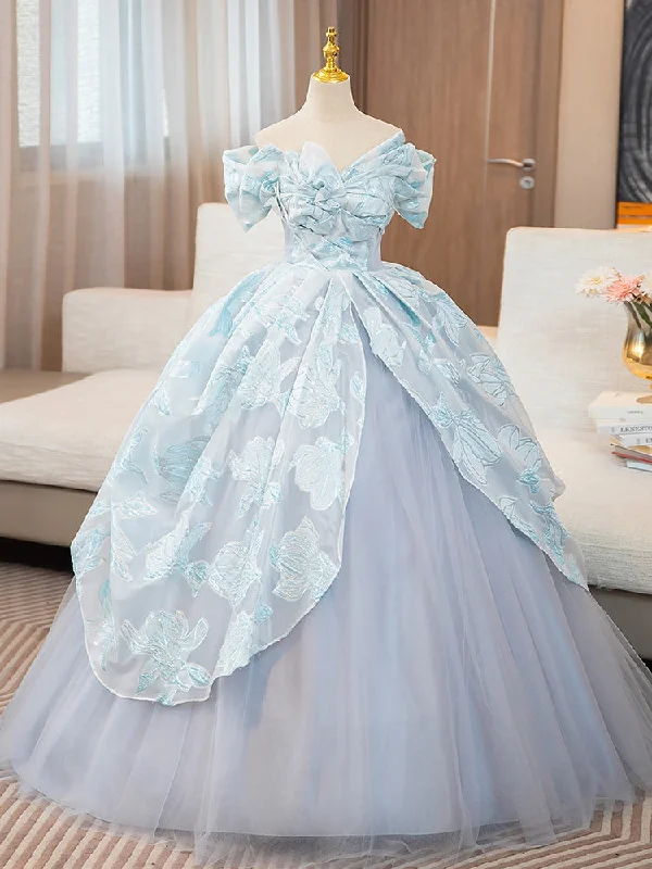 women's vintage dressesBlue Ball Gown Print Tulle Off the Shoulder Quinceanera Dress