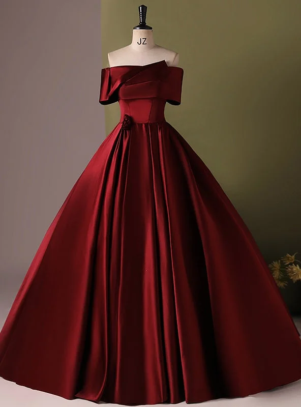 women's fashionable dressesBurgundy Satin Off the Shoulder Quinceanera Dress