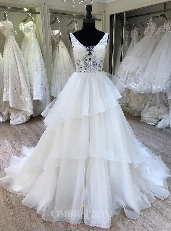 women's velvet dressesA-Line V-neck Layered Bridal Gown Lace Appliques Wedding Dress OW468