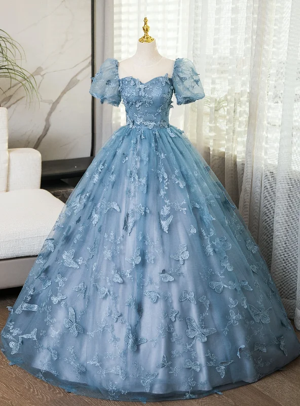 Metallic DressBlue Tulle Butterflu Short Sleeve Quinceanera Dress