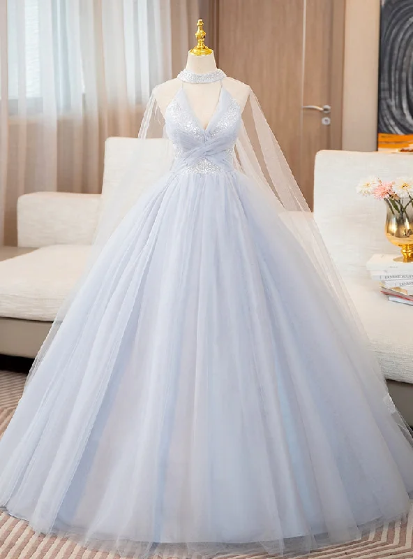Minimalist DressBlue Tulle Sequins Halter Quinceanera Dress