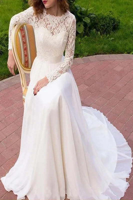 women's body-skimming dressesVintage Long Sleeves Chiffon Wedding Dresses with Lace Flowy Beach Wedding Dresses N2431