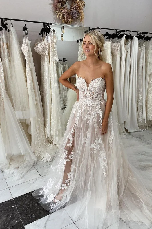 Floor-Length DressCharming Sweetheart Lace Tulle Wedding Dresses with Slit N126