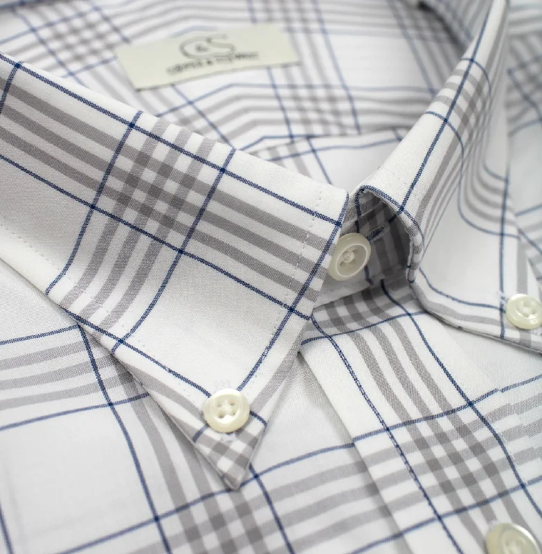 Men's Custom-Fit Shirts for a Personalized LookBlue, Taupe, and Off White Windowpane Stretch Cotton Wrinkle-Free Dress Shirt with Button-Down Collar by Cooper & Stewart Men's Custom-Fit Shirts for a Personalized LookBlue, Taupe, and Off White Windowpane Stretch Cotton Wrinkle-Free Dress Shirt with Button-Down Collar by Cooper & Stewart