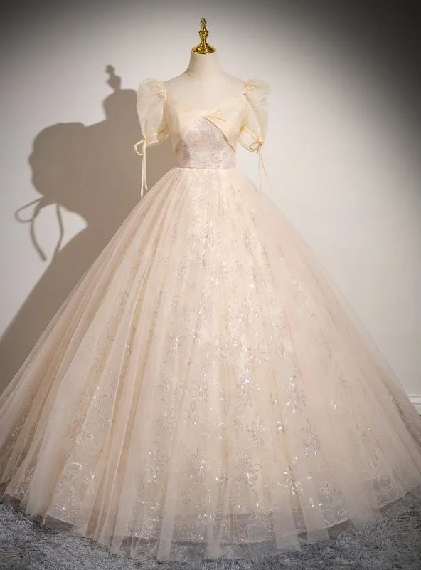 women's pastel dressesChampagne Tulle Sequins Short Sleeve Quinceanera Dress