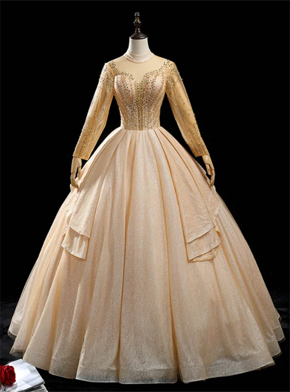 Retro DressGold Tulle High Neck Long Sleeve Beading Quinceanera Dress