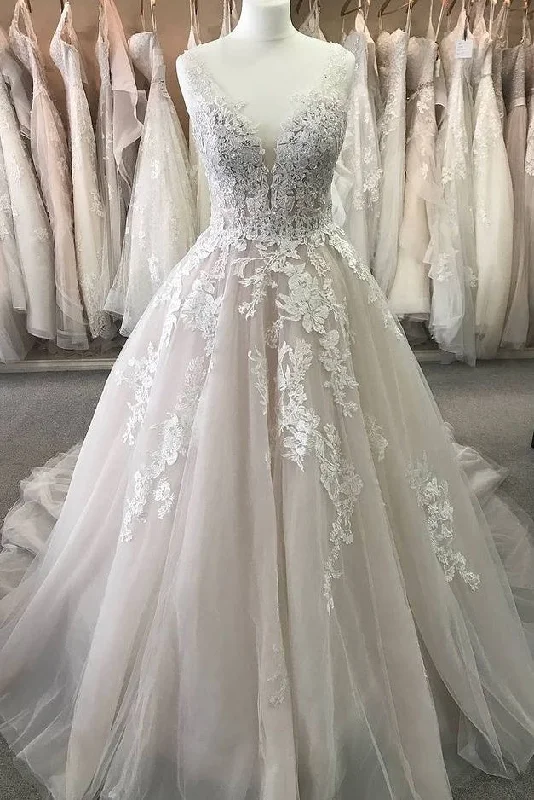 Denim DressPretty V-neck Long Tulle Wedding Dress With Lace Appliques Y0144