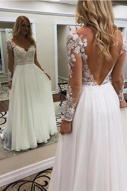women's statement dressesA Line Long Sleeves Lace Appliqued V Back Beach Wedding Dresses