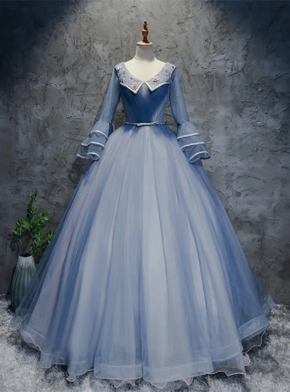 women's curve-hugging dressesBlue Tulle V-neck Long Sleeve Pleats Quinceanera Dress