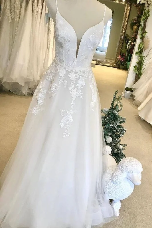 Lace DressElegant Floor Length Long Spaghetti Straps A Line Tulle Wedding Dresses With Appliques Y0150