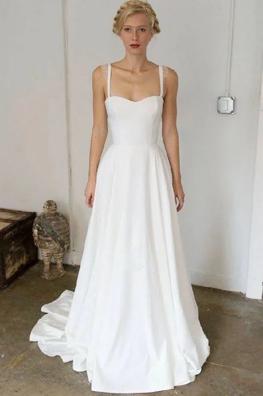 women's ruffle dressesA Line Straps Sweep Train Sleeveless Stain Wedding Dresses Beach Wedding Gown N2486