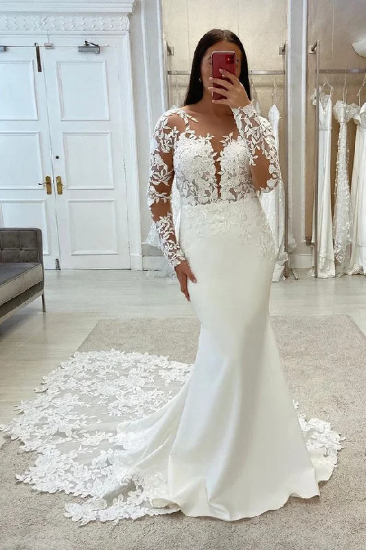Satin DressElegant Mermaid Scoop Neck Elastic Satin Wedding Dress with Lace N114