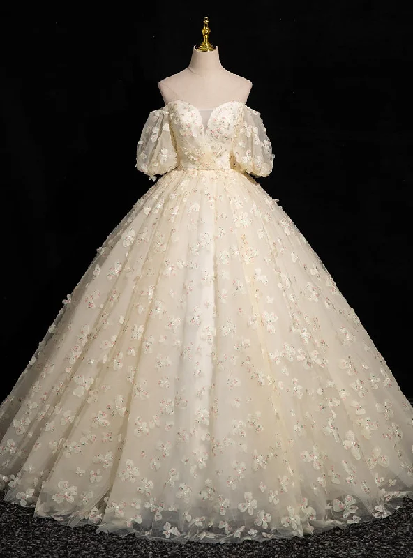 Striped DressChampagne Flower Short Sleeve Quinceanera Dress