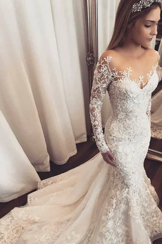 Sequined DressGorgeous Mermaid Illusion Long Sleeves Tulle Appliques Wedding Dresses