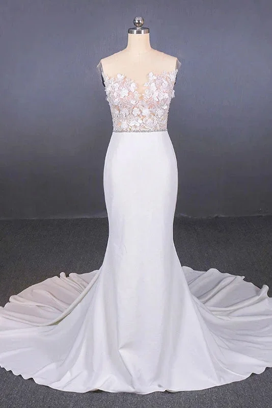 women's fashionable dressesSheer Neck Mermaid Long Wedding Dresses with Appliques Long Bridal Dresses N2304