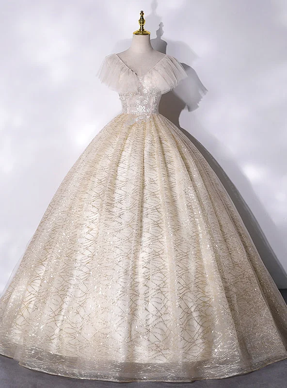 women's ball gown dressesChampagne Tulle Sequins Beading V-neck Quinceanera Dress