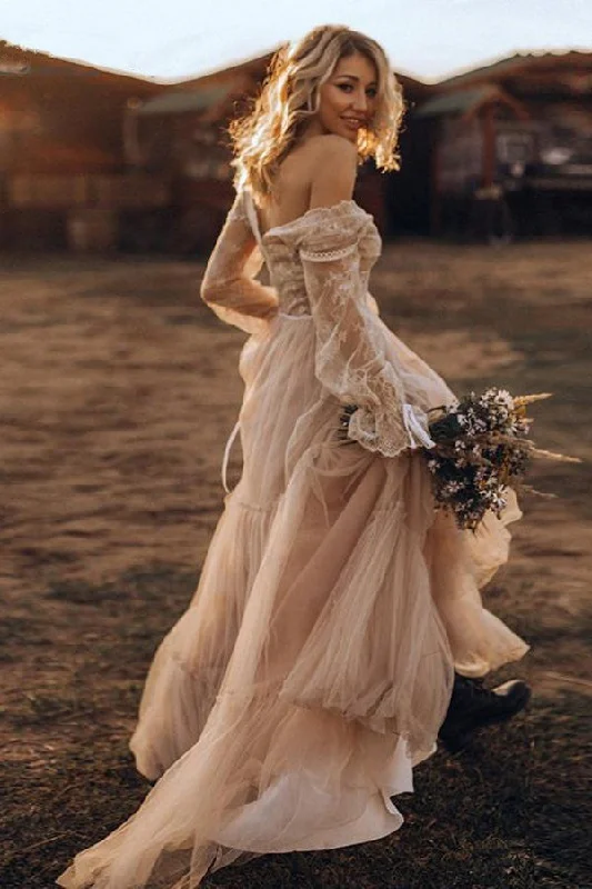 women's velvet dressesA Line V-neck Flowy Tulle Long Sleeves Floor Length Wedding Dress