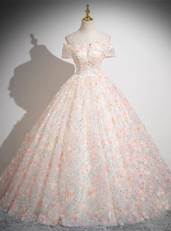 Sequined DressChampagne Pink Flower Sequins Off the Shoulder Quinceanera Dress
