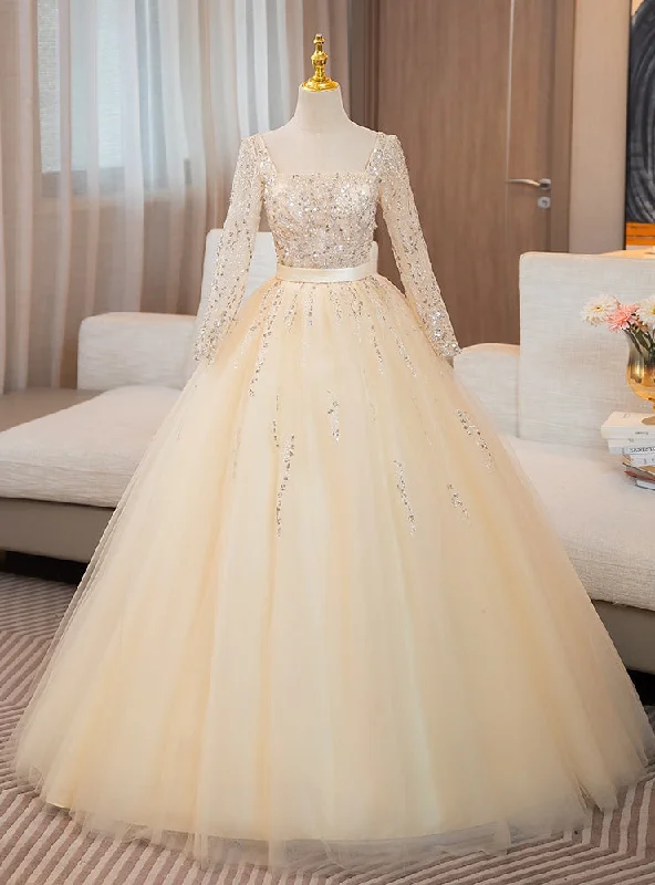 women's cotton dressesChampagne Tulle Sequins Long Sleeve Square Quinceanera Dress
