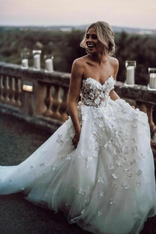 women's body-skimming dressesHot Selling Sweetheart Wedding Dress with Flowers A Line Tulle Wedding Dress with Appliques N2546