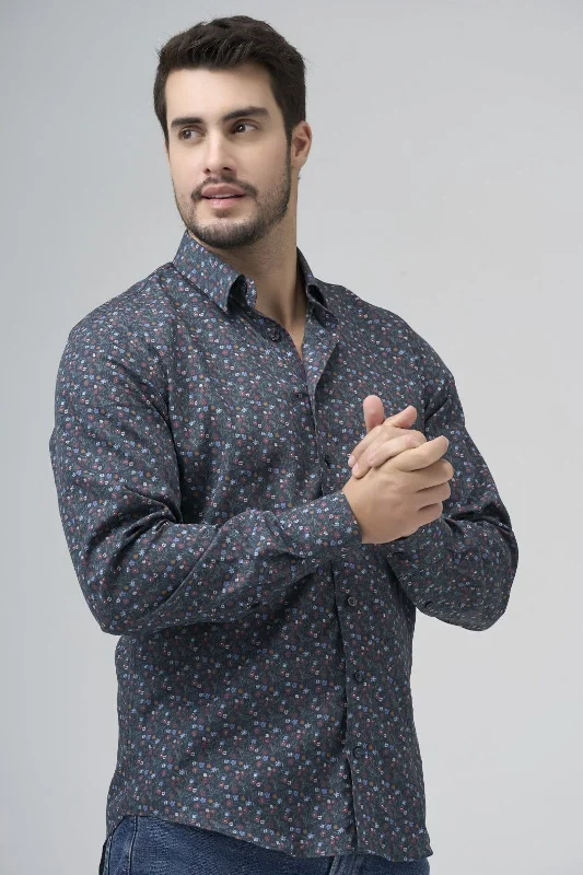 Men's Muscle Fit T-Shirts for a Body-Hugging FitNavy, Sky, and Pink Mini Floral Print No-Iron Cotton Sport Shirt with Hidden Button Down Collar by Leo Chevalier