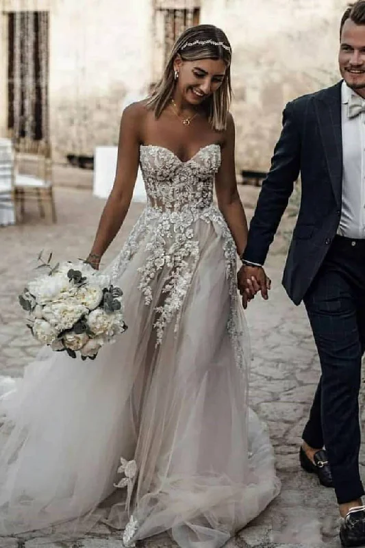 women's smart casual dressesBoho Sweetheart Tulle Appliques Long Beach Wedding Dresses
