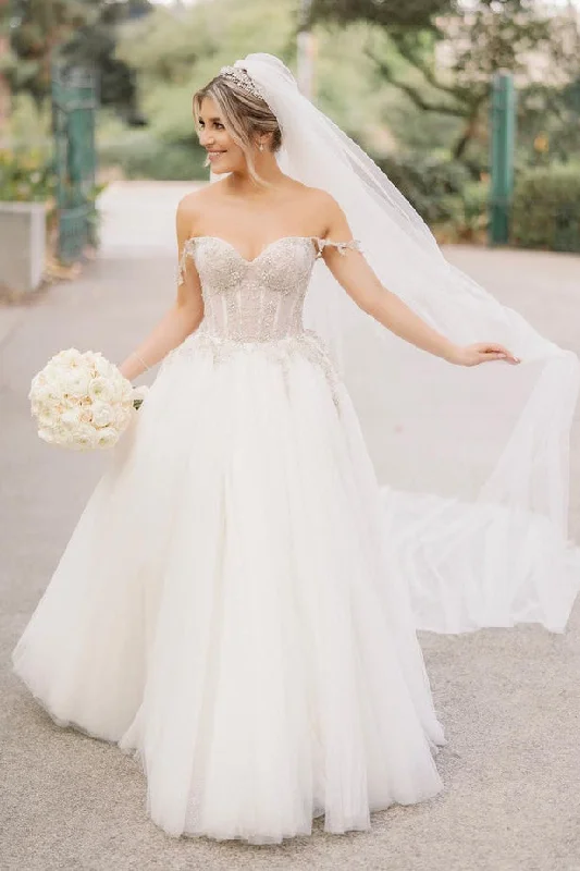 Pearl DressA Line Sweetheart Tulle Wedding Dresses with Beading N095