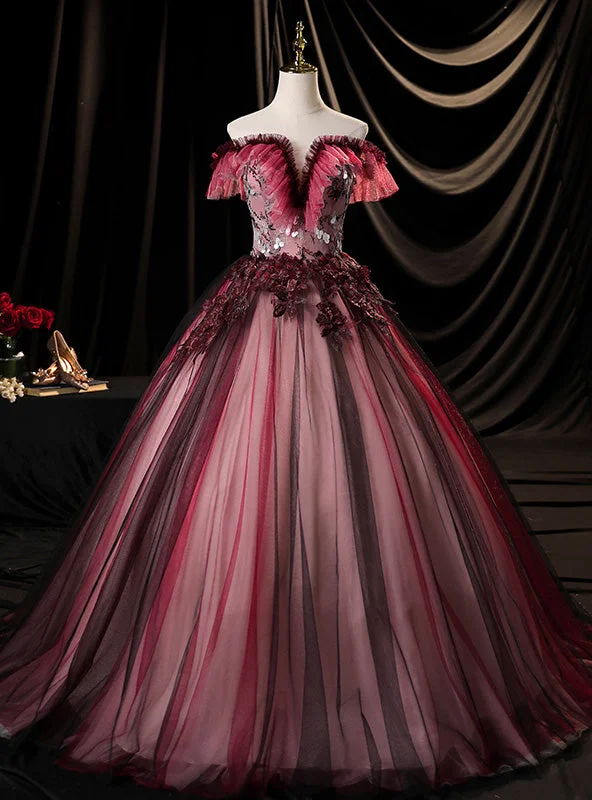 Fit-And-Flare DressBurgundy Tulle Appliques Quinceanera Dress