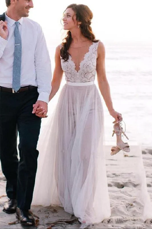 Cheetah Print DressElegant A Line Scoop Neck Sleeveless Lace Tulle Beach Wedding Dresses Bridal Gown N463