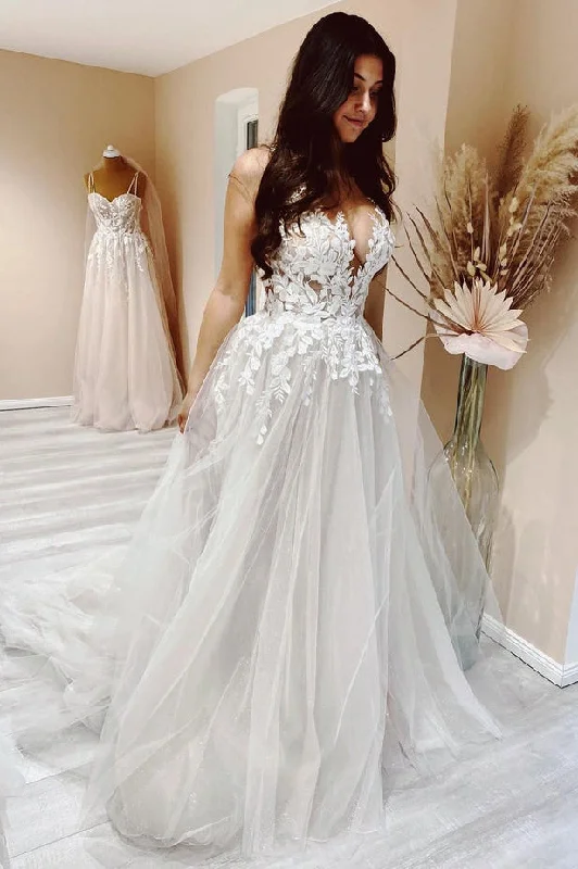 women's empire waist dressesA Line V-neck Tulle Floral Appliques Wedding Dresses N067