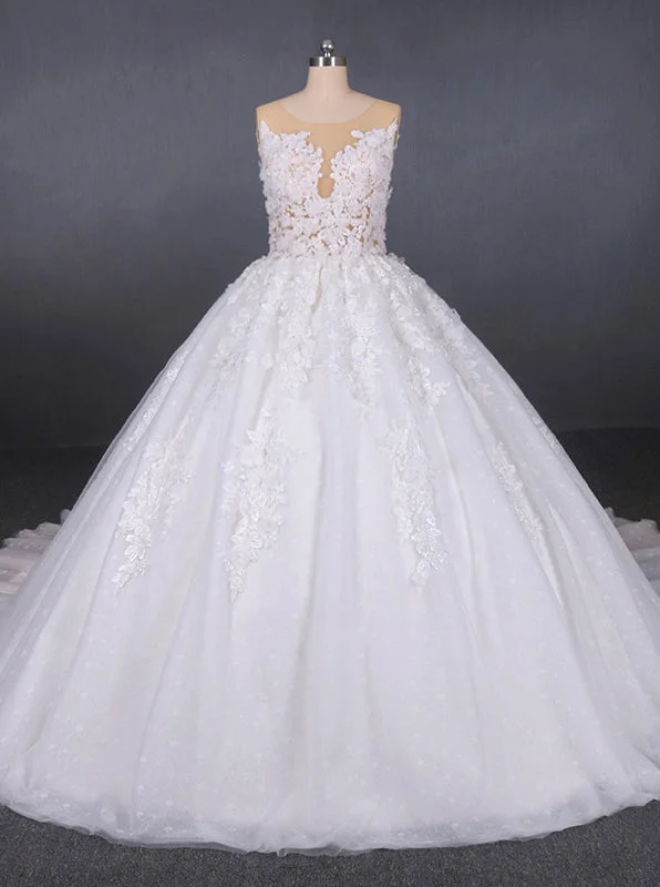 Metallic DressRound Appliques Ball Gown Tulle Wedding Dresses With Button Back OW578