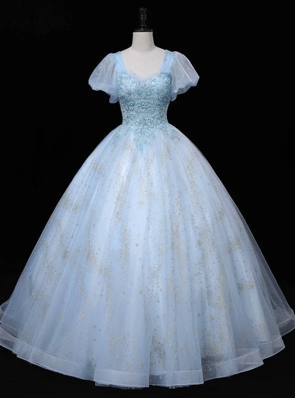 women's sleeveless dressesBlue Tulle Square Puff Sleeve Beading Quinceanera Dress