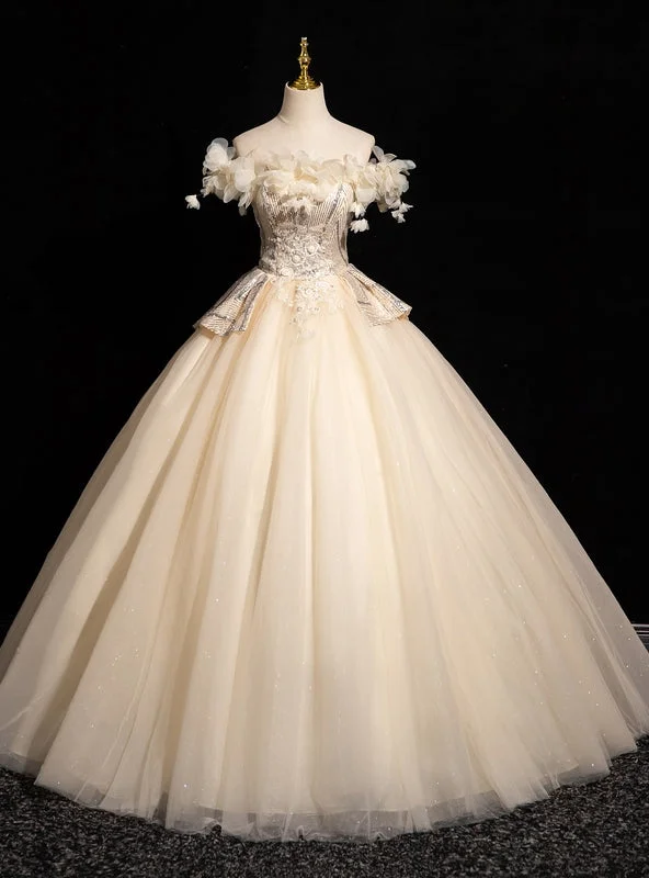 women's lace dressesChampagne Tulle Sequins Flower Quinceanera Dress