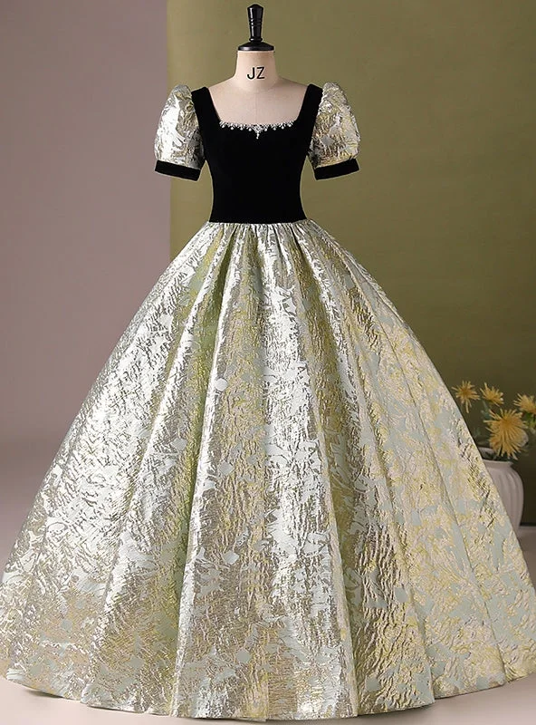 women's travel dressesBlack Velvet Short Sleeve Square Neck Quinceanera Dress