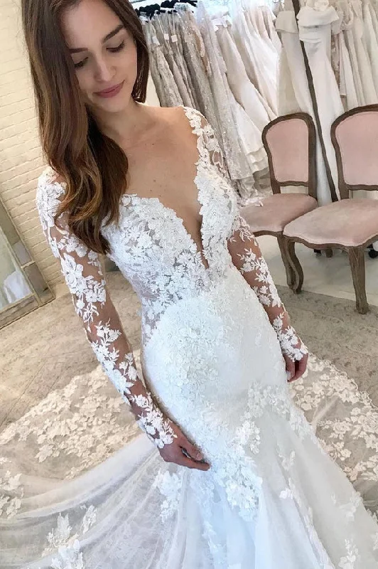 Button-Down DressElegant Mermaid Long Sleeve Lace Wedding Dresses with Appliques N116