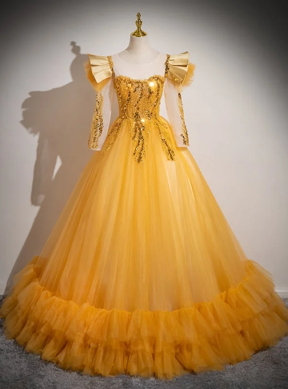 women's midi dressesGold Tulle Sequins Long Sleeve Backless Quinceanera Dress