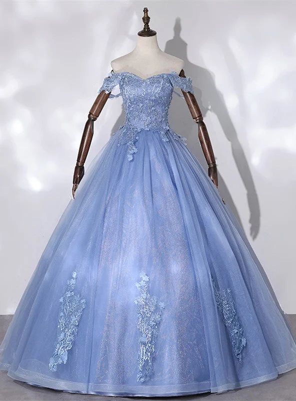 High-Neck DressBlue Tulle Off the Shoulder Appliques Beading Quinceanera Dress