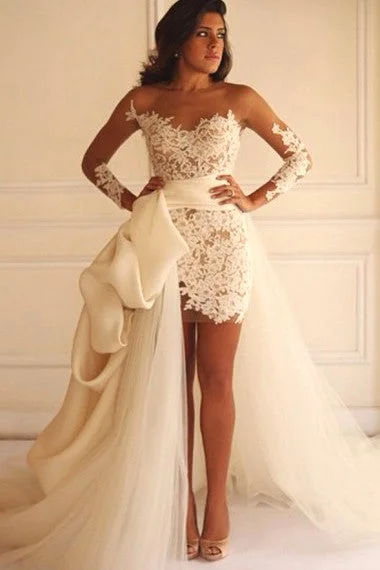 women's limited-edition dressesSheath Bateau Detachable Long Illusion Sleeves Lace Wedding Dress