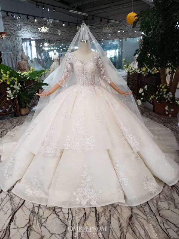 women's flowy dressesPrincess Sheer Neckline Appliques Wedding Dress With 3/4 Sleeves OW409