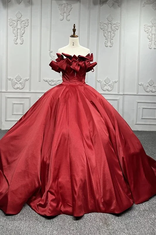 Flutter-Sleeve DressElegant Red Quinceanera Dresses Off Shoulder Lace Up Satin Ball Gown