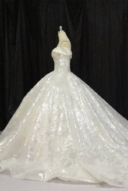 Sleeveless DressAmazing Ball Gown Glitter Off The Shoulder Lace Up Back Wedding Dresses Y0163
