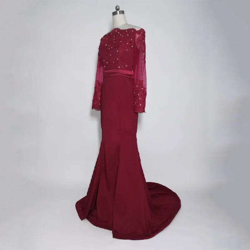 women's affordable dressesBurgundy Long Off the Shoulder Long Sleeves Mother of The Bride Dress