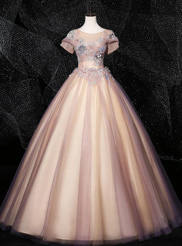 Party DressDiscover The Latest Pink Ball Gown Tulle Short Sleeve Appliques Pearls Quinceanera Dress