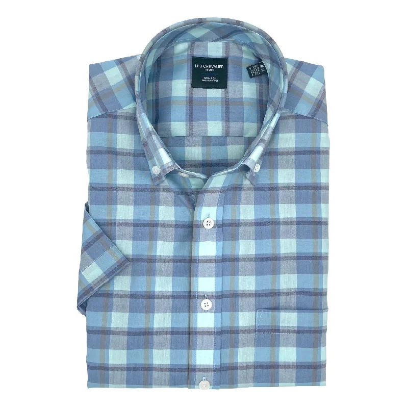 Men's Plaid Shirts for a Country CharmAqua Multi Plaid Short Sleeve No-Iron Cotton Sport Shirt with Button Down Collar by Leo Chevalier Men's Plaid Shirts for a Country CharmAqua Multi Plaid Short Sleeve No-Iron Cotton Sport Shirt with Button Down Collar by Leo Chevalier